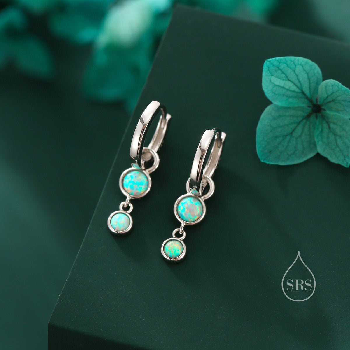 Double Opal Dangle Huggie Hoop Earrings in Sterling Silver, Simulated Opal Hoops, Silver or Gold, Detachable Charms, Aqua Green Opal Hoops