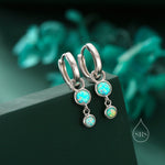 Double Opal Dangle Huggie Hoop Earrings in Sterling Silver, Simulated Opal Hoops, Silver or Gold, Detachable Charms, Aqua Green Opal Hoops