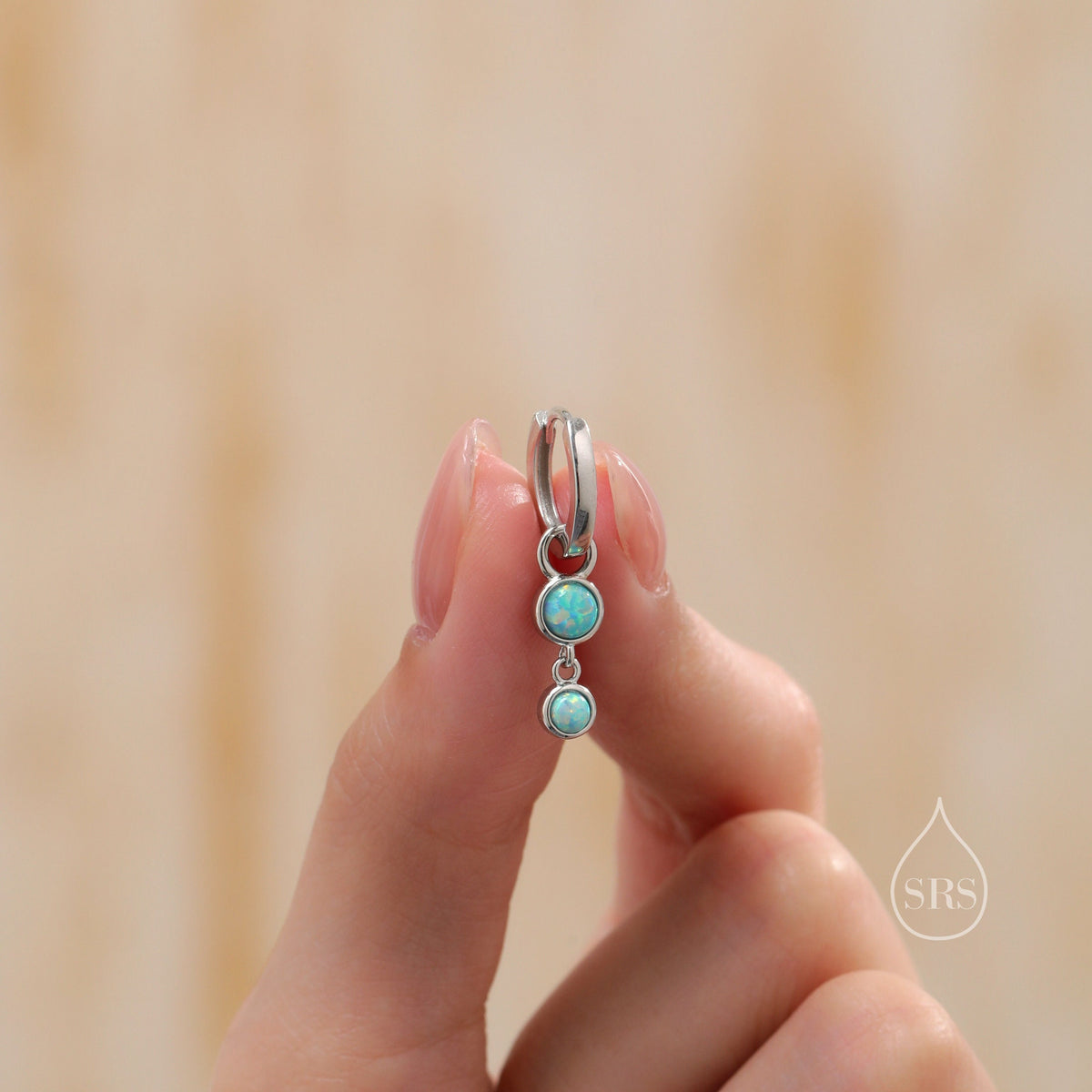 Double Opal Dangle Huggie Hoop Earrings in Sterling Silver, Simulated Opal Hoops, Silver or Gold, Detachable Charms, Aqua Green Opal Hoops
