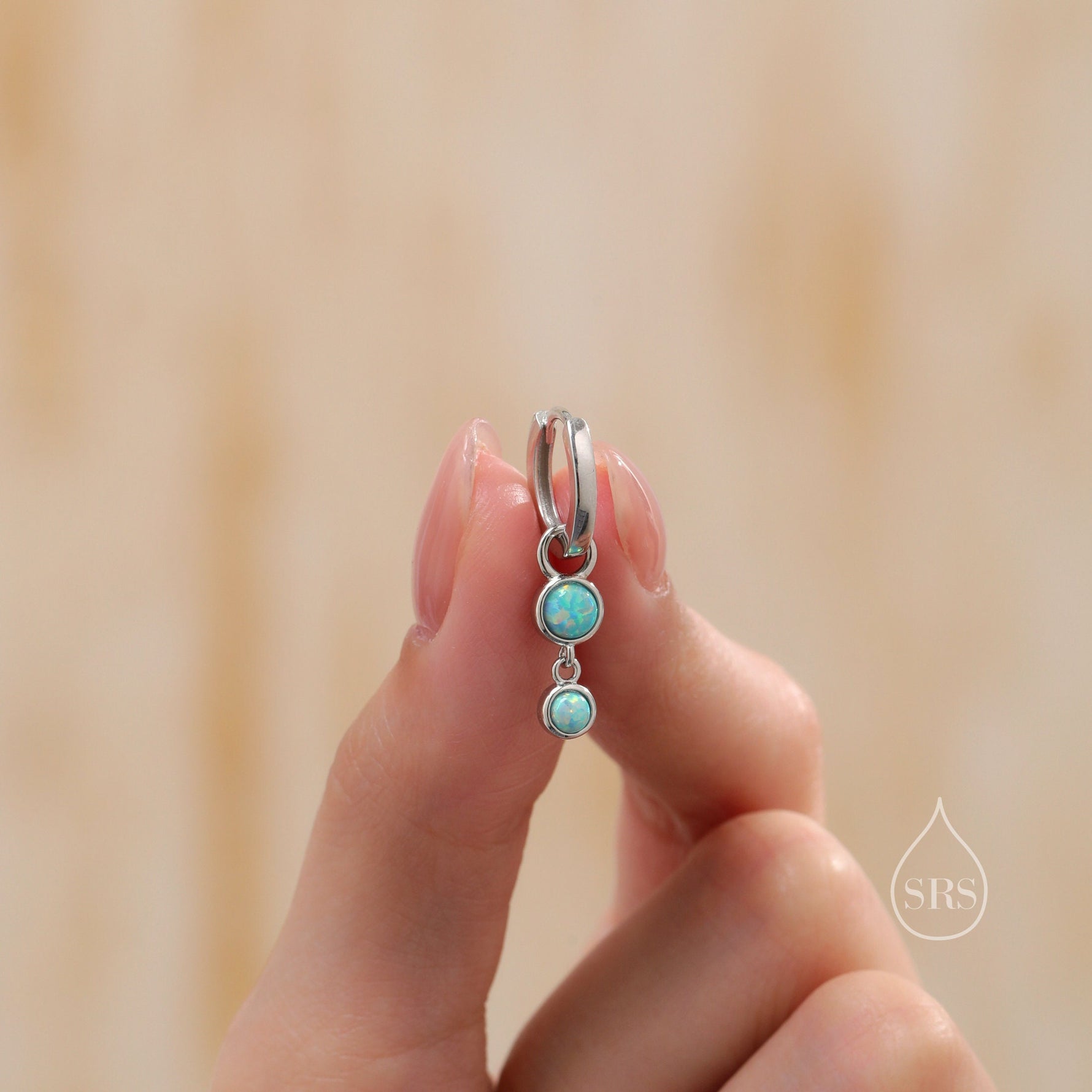 Double Opal Dangle Huggie Hoop Earrings in Sterling Silver, Simulated Opal Hoops, Silver or Gold, Detachable Charms, Aqua Green Opal Hoops