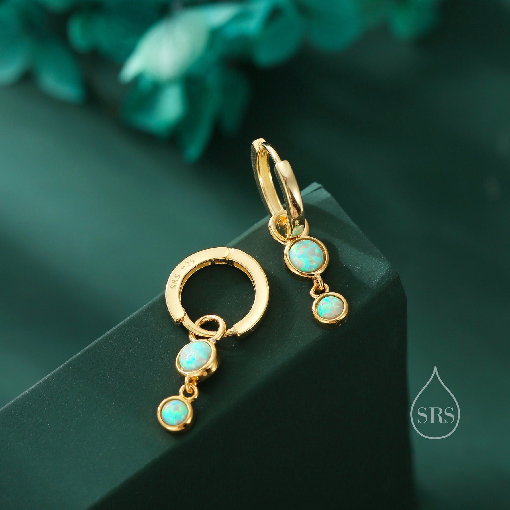 Double Opal Dangle Huggie Hoop Earrings in Sterling Silver, Simulated Opal Hoops, Silver or Gold, Detachable Charms, Aqua Green Opal Hoops