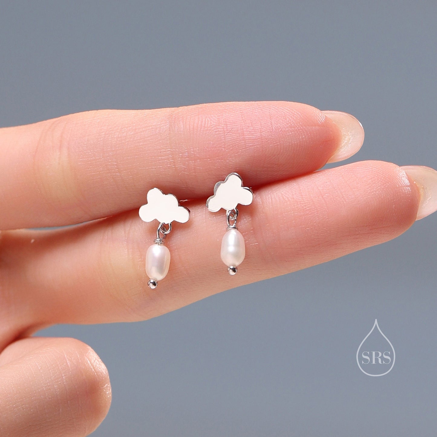 Dainty Cloud and Natural Pearl Raindrop Stud Earrings in Sterling Silver, Silver or Gold, Cloud Earrings, Freshwater Pearl Droplet Earrings