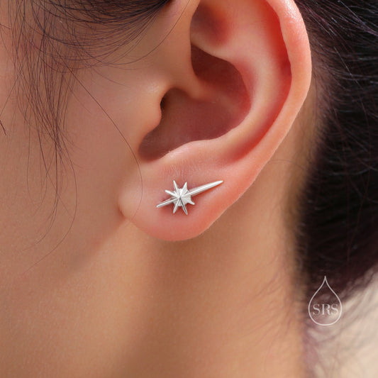 Starburst Ear Crawler Earrings in Sterling Silver - Star Crawler Earrings - Silver or Gold or Rose Gold - North Star Ear Climbers Earrings