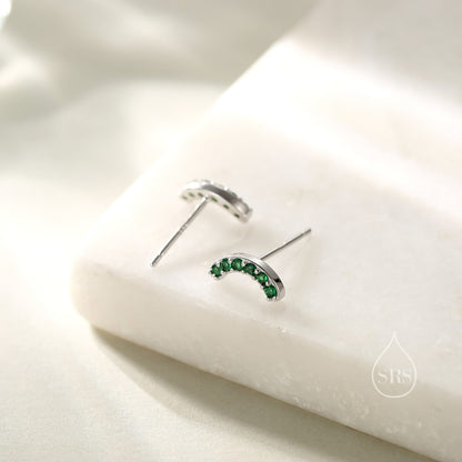 Emerald Green CZ Curved Bar Tiny Stud Earrings in Sterling Silver, Silver or Gold, Tiny CZ Bar Stud, Geometric Bar Earrings