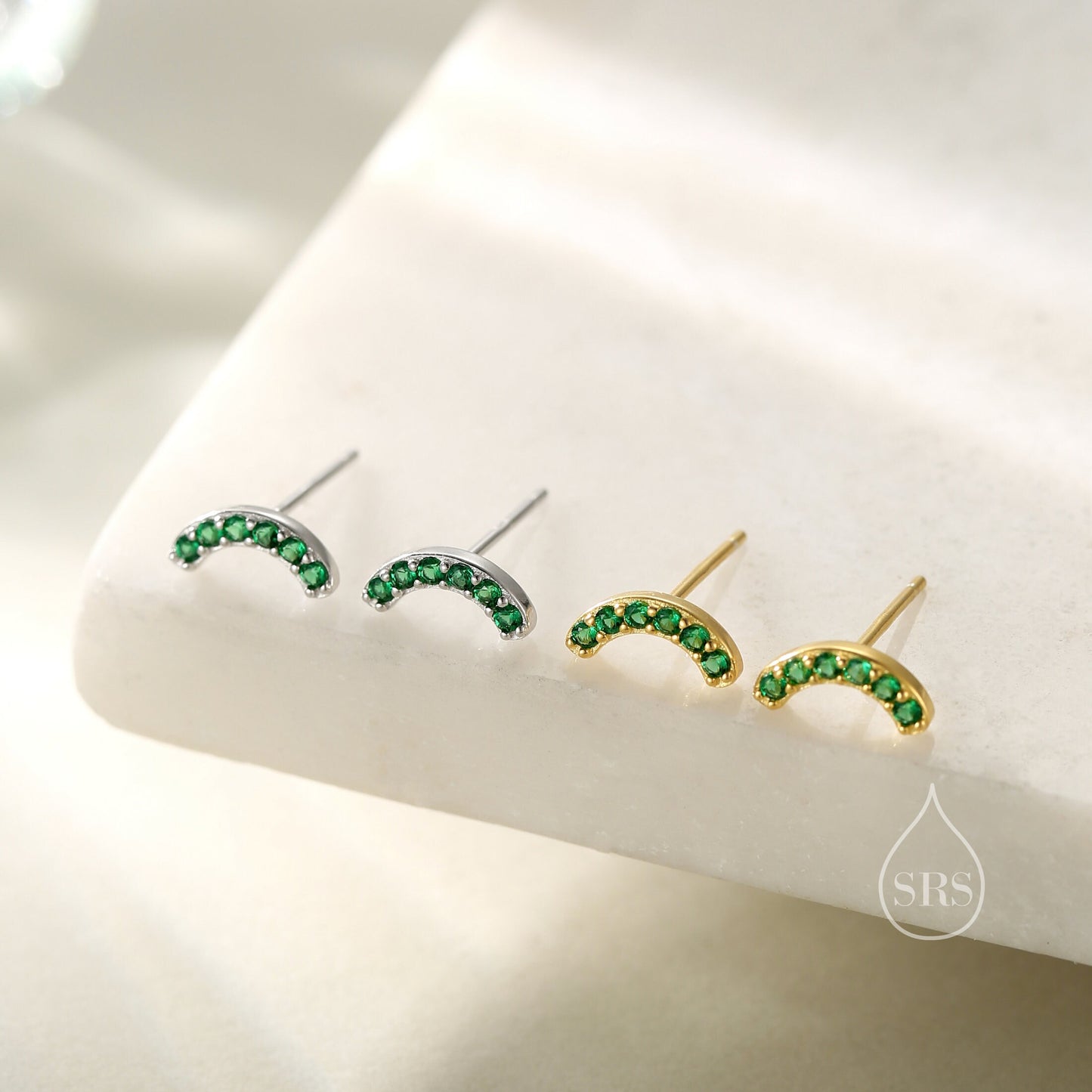 Emerald Green CZ Curved Bar Tiny Stud Earrings in Sterling Silver, Silver or Gold, Tiny CZ Bar Stud, Geometric Bar Earrings