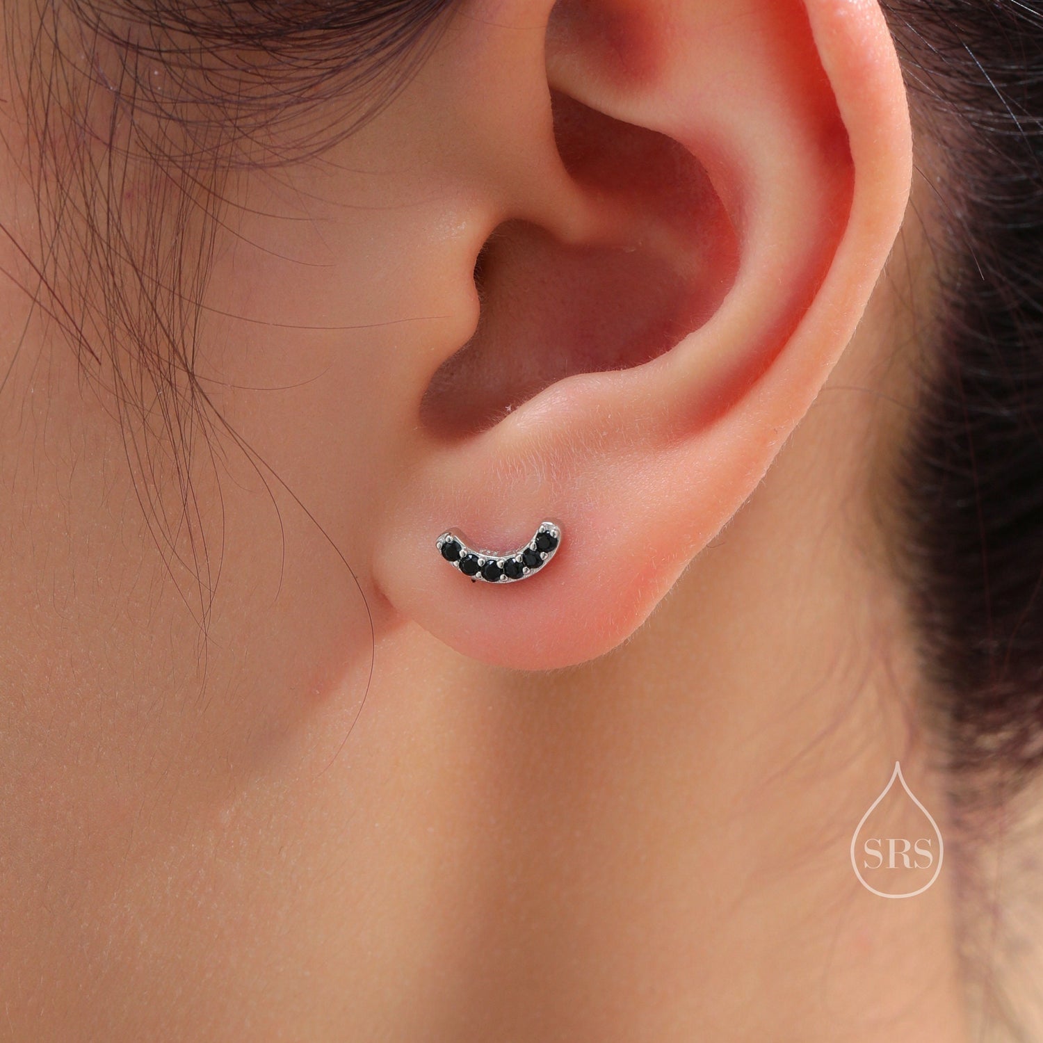 Black CZ Curved Bar Tiny Stud Earrings in Sterling Silver, Silver or Gold, Tiny CZ Bar Stud, Geometric Bar Earrings