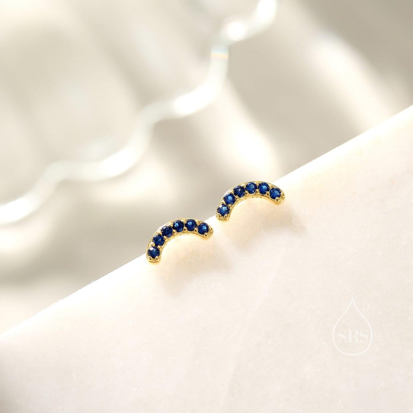 Sapphire Blue CZ Curved Bar Tiny Stud Earrings in Sterling Silver, Silver or Gold, Tiny CZ Bar Stud, Geometric Bar Earrings