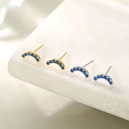 Sapphire Blue CZ Curved Bar Tiny Stud Earrings in Sterling Silver, Silver or Gold, Tiny CZ Bar Stud, Geometric Bar Earrings