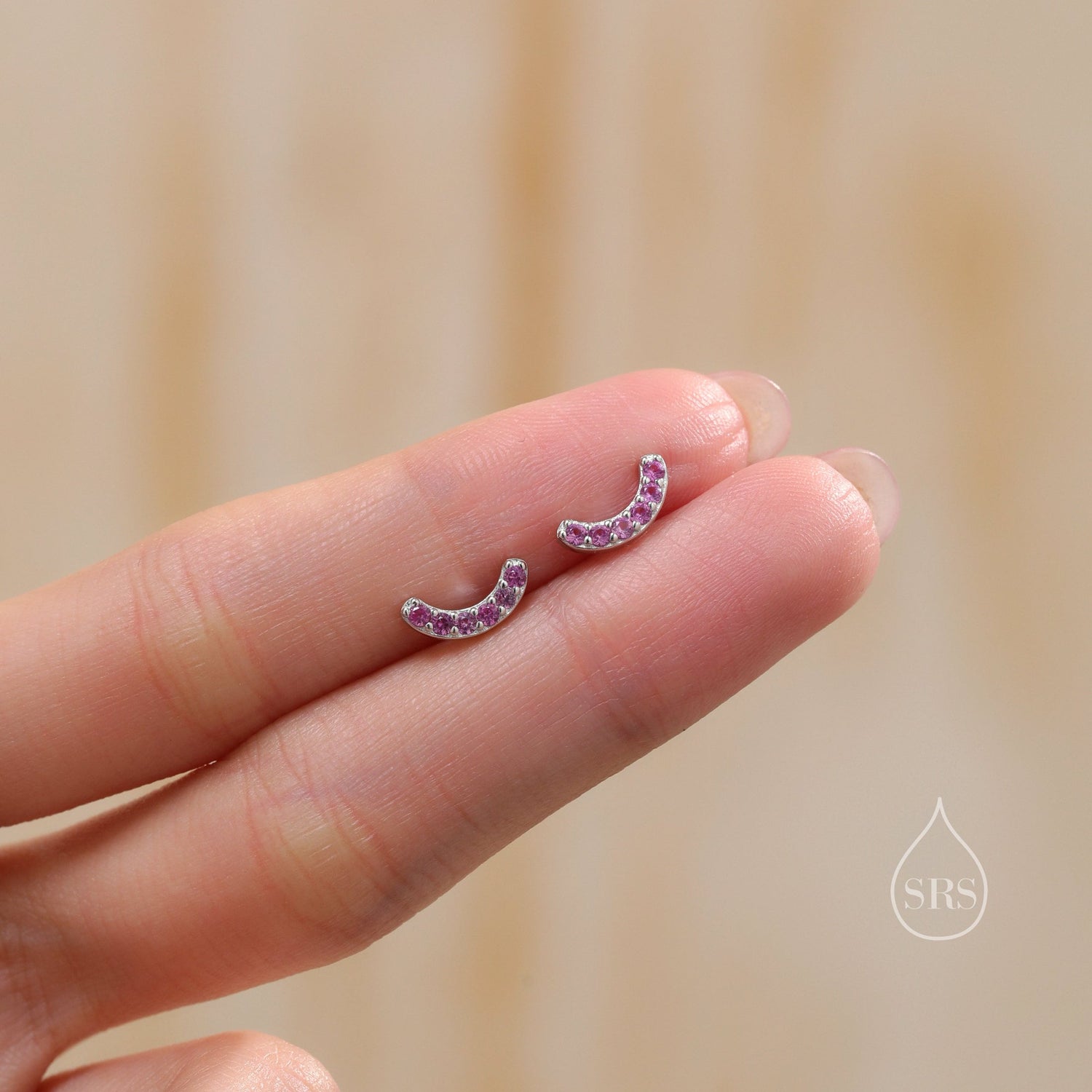 Pink CZ Curved Bar Tiny Stud Earrings in Sterling Silver, Silver or Gold, Tiny CZ Bar Stud, Geometric Bar Earrings