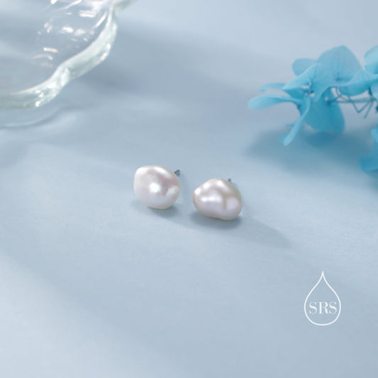 Genuine Fresh Water Pearls Drop Stud Earrings in Sterling Silver, Baroque Pearl, Keshi Pearl Earrings, Simple and Minimalist, Contemporary