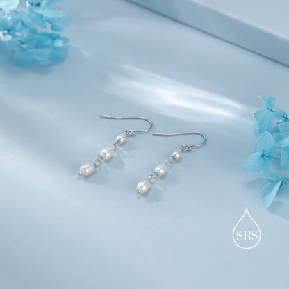 Oval Freshwater Pearl Trio Drop Hook Earrings in Sterling Silver, Silver or Gold, Irregular Shape Pearl Drop Earrings, Natural Pearls