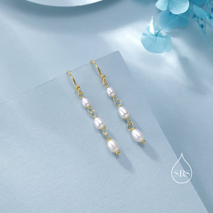 Oval Freshwater Pearl Trio Drop Hook Earrings in Sterling Silver, Silver or Gold, Irregular Shape Pearl Drop Earrings, Natural Pearls