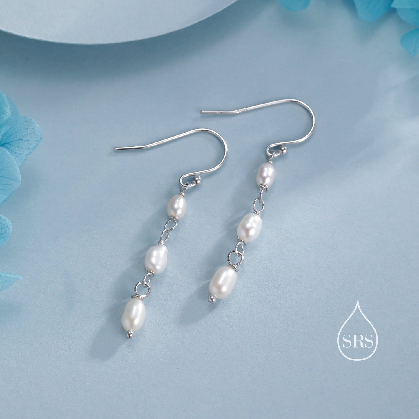 Oval Freshwater Pearl Trio Drop Hook Earrings in Sterling Silver, Silver or Gold, Irregular Shape Pearl Drop Earrings, Natural Pearls