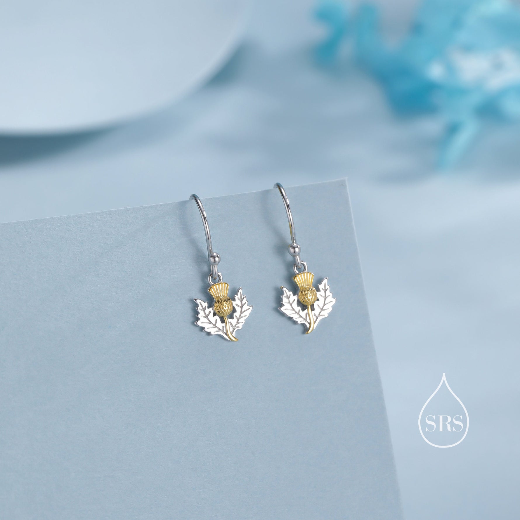 Thistle Flower Drop Hook Earrings in Sterling Silver - Scottish Flower Blossom Stud Earrings - Cute, Fun, Whimsical