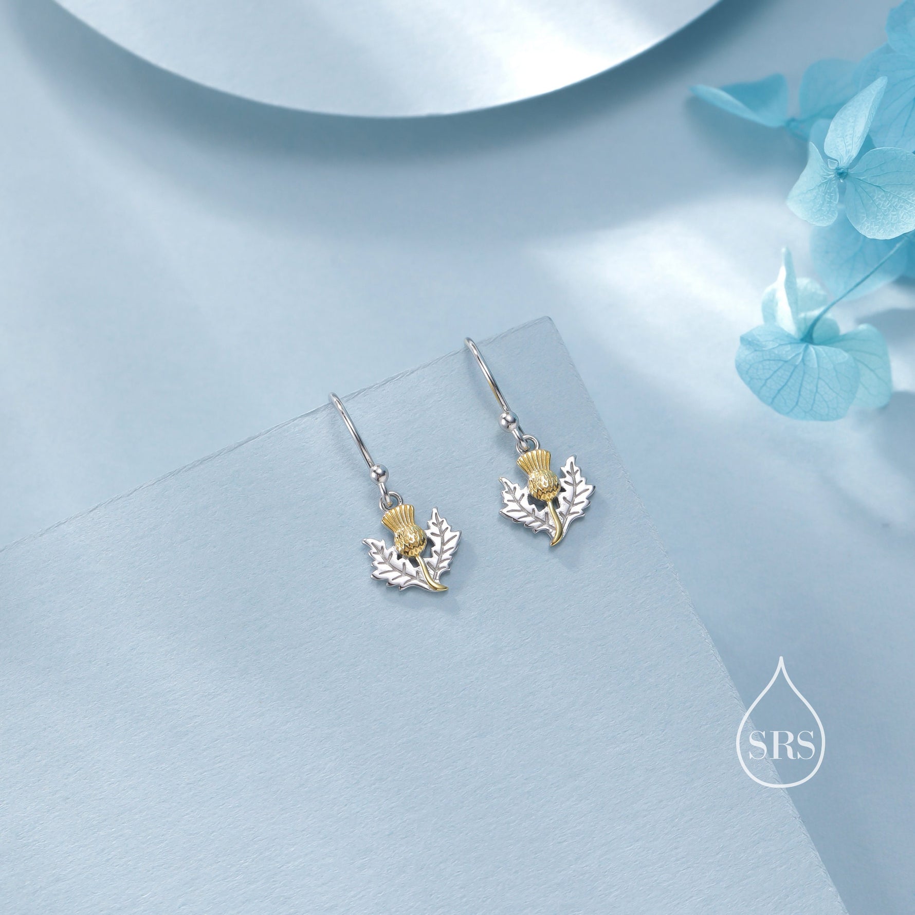 Thistle Flower Drop Hook Earrings in Sterling Silver - Scottish Flower Blossom Stud Earrings - Cute, Fun, Whimsical
