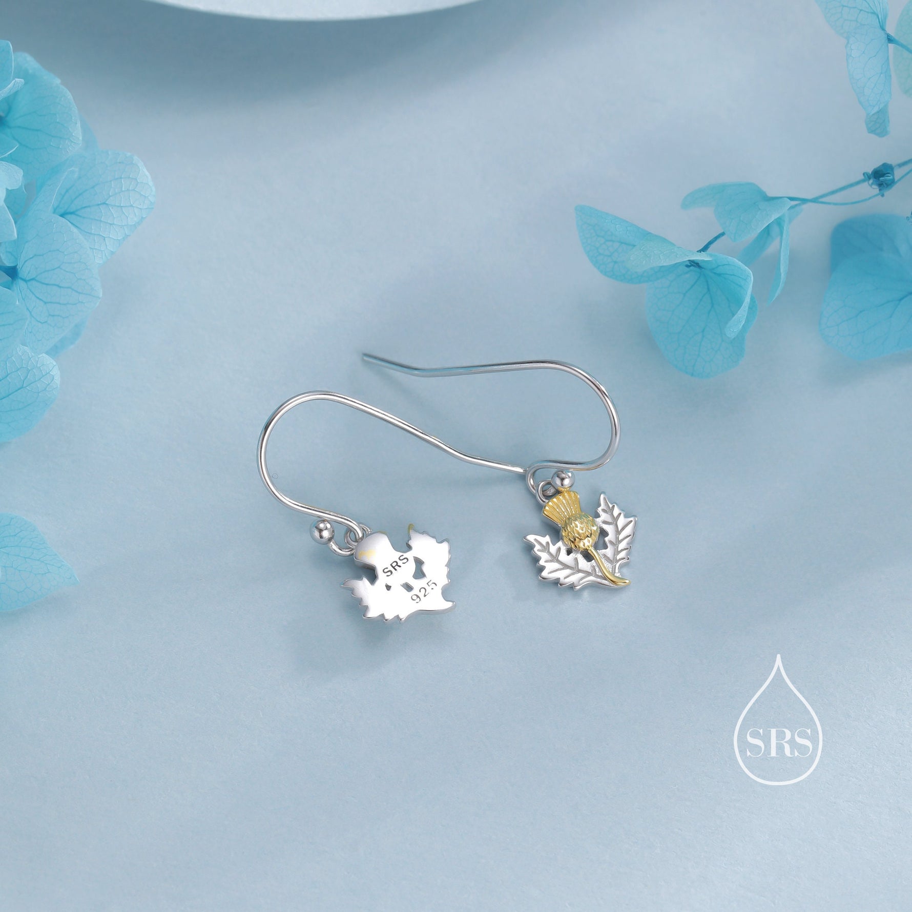 Thistle Flower Drop Hook Earrings in Sterling Silver - Scottish Flower Blossom Stud Earrings - Cute, Fun, Whimsical