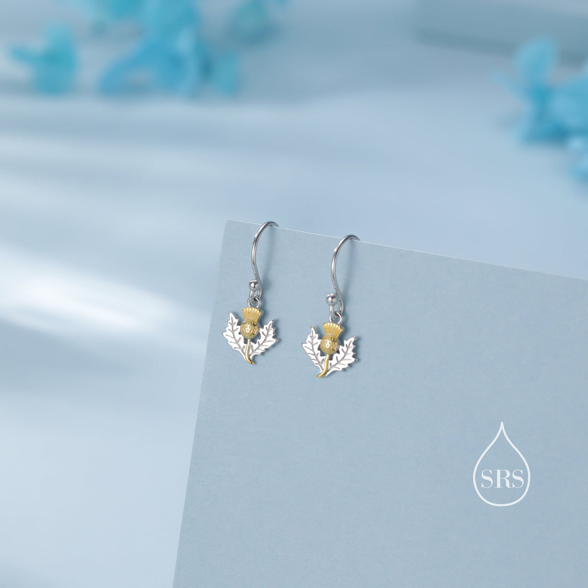Thistle Flower Drop Hook Earrings in Sterling Silver - Scottish Flower Blossom Stud Earrings - Cute, Fun, Whimsical