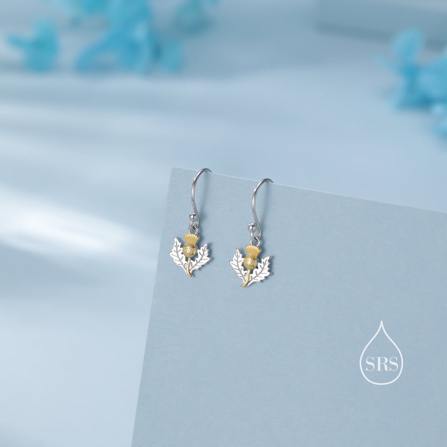 Thistle Flower Drop Hook Earrings in Sterling Silver - Scottish Flower Blossom Stud Earrings - Cute, Fun, Whimsical
