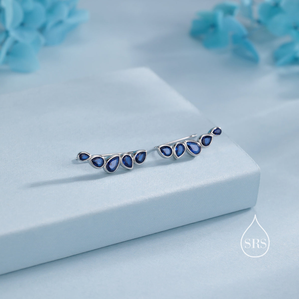 Sapphire Blue Droplet CZ Cluster Crawler Earrings in Sterling Silver, Silver or Gold, Pear CZ Cluster Crawler, Cluster Earrings