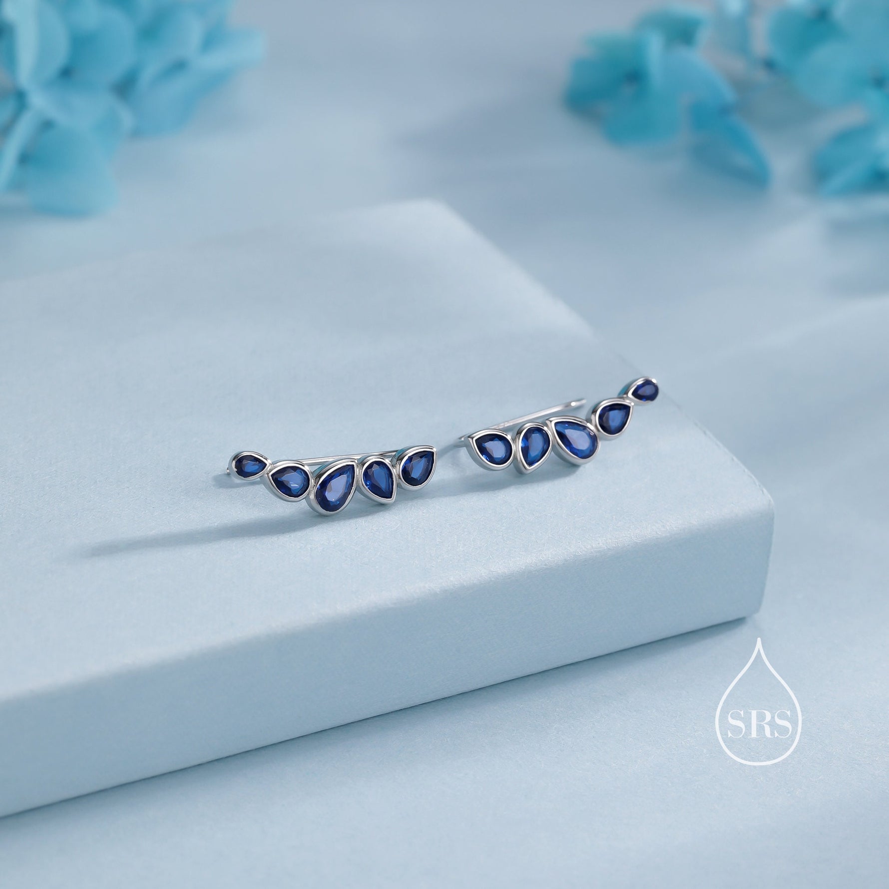 Sapphire Blue Droplet CZ Cluster Crawler Earrings in Sterling Silver, Silver or Gold, Pear CZ Cluster Crawler, Cluster Earrings