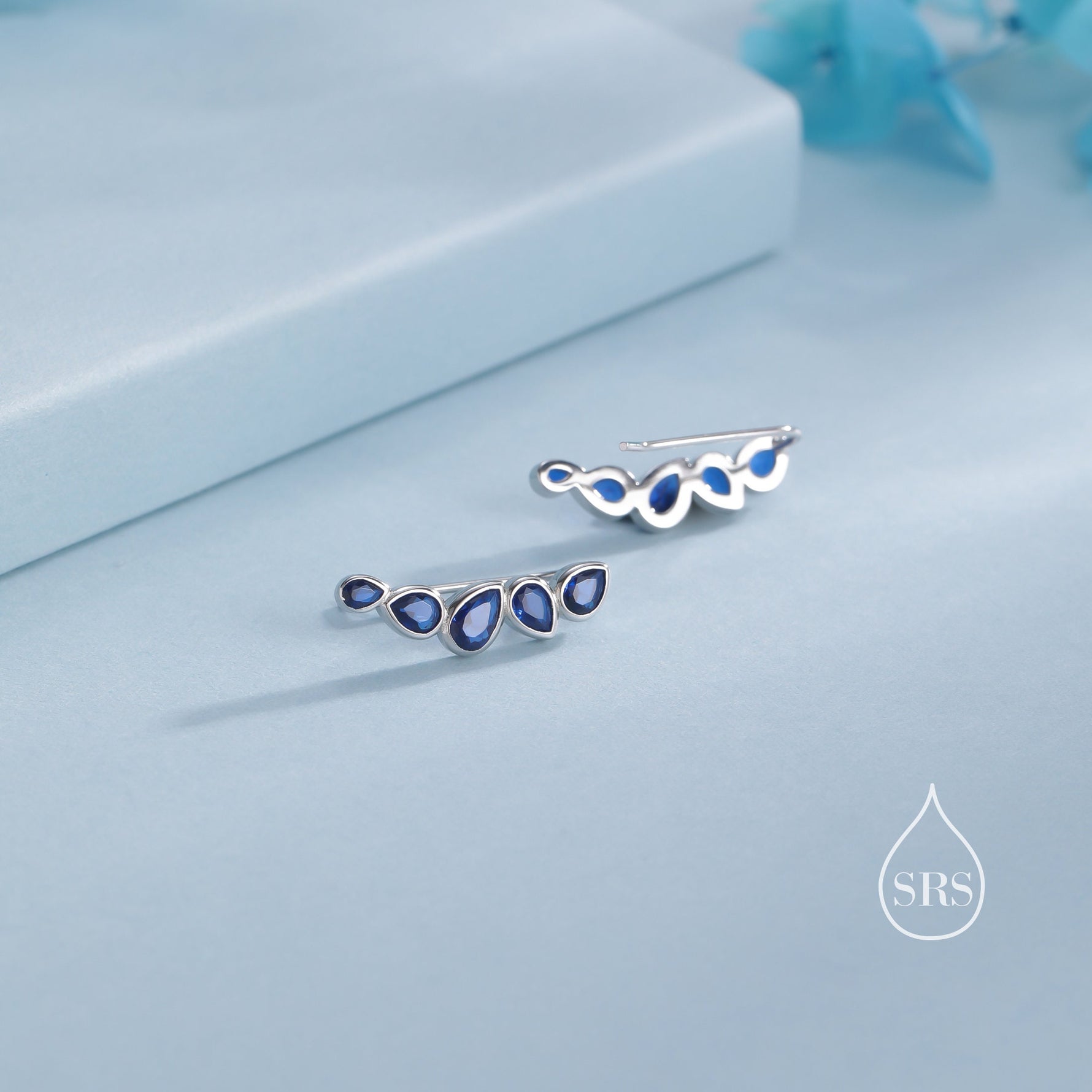 Sapphire Blue Droplet CZ Cluster Crawler Earrings in Sterling Silver, Silver or Gold, Pear CZ Cluster Crawler, Cluster Earrings