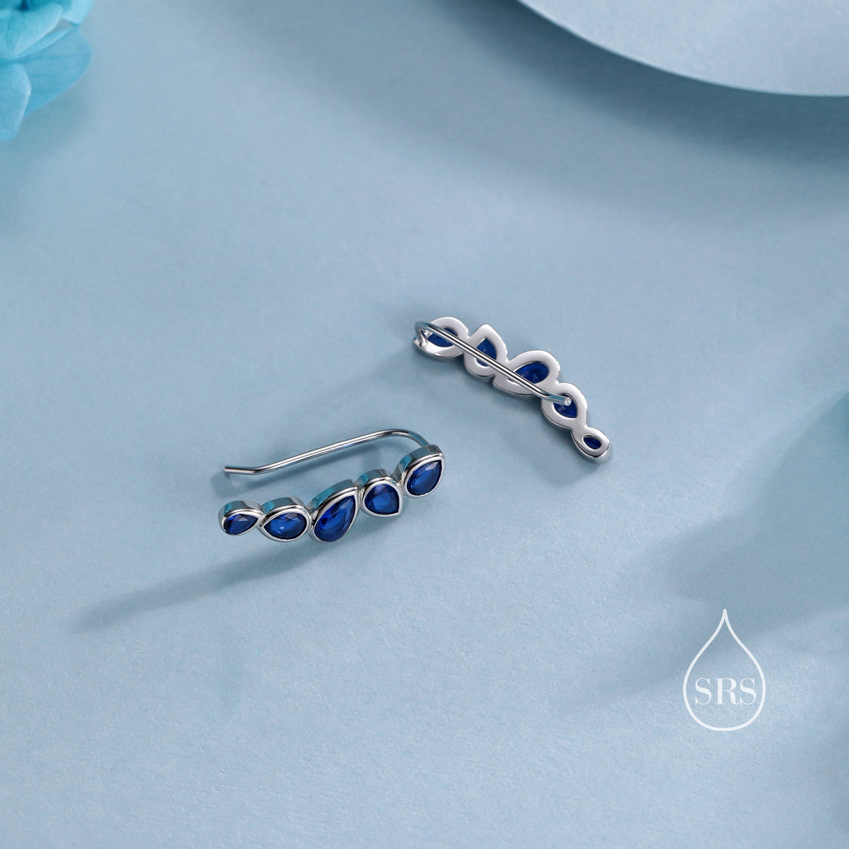 Sapphire Blue Droplet CZ Cluster Crawler Earrings in Sterling Silver, Silver or Gold, Pear CZ Cluster Crawler, Cluster Earrings