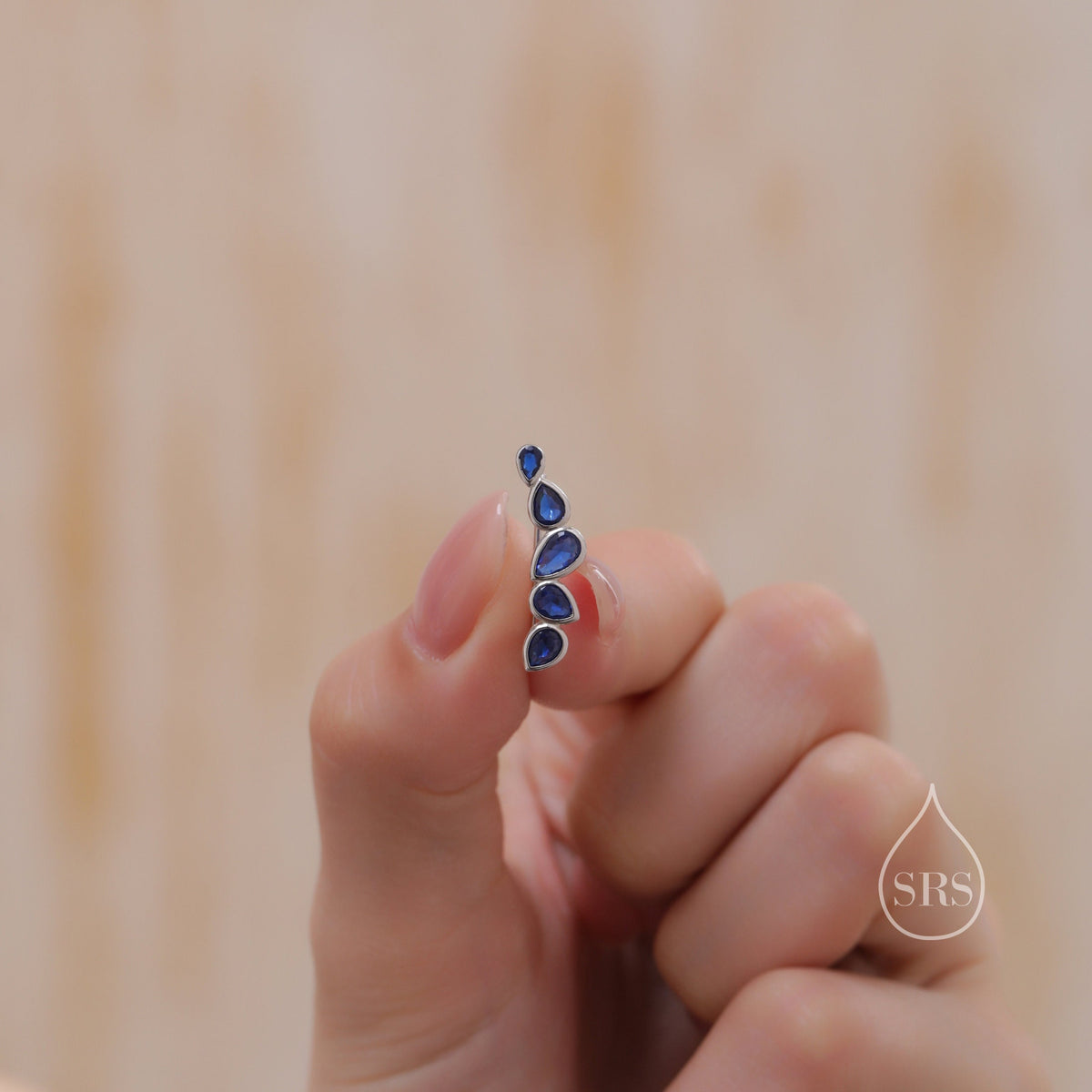 Sapphire Blue Droplet CZ Cluster Crawler Earrings in Sterling Silver, Silver or Gold, Pear CZ Cluster Crawler, Cluster Earrings