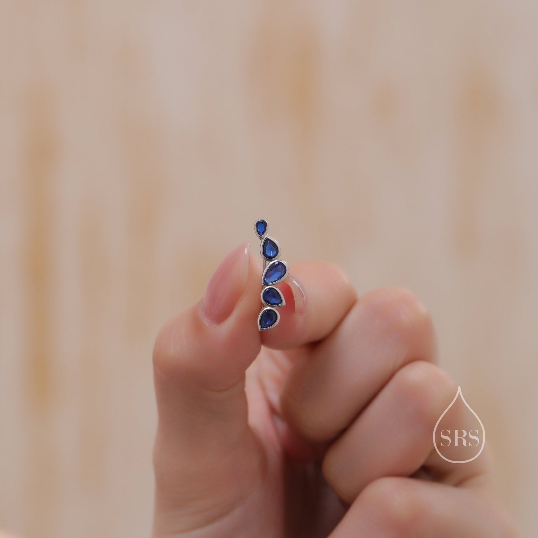 Sapphire Blue Droplet CZ Cluster Crawler Earrings in Sterling Silver, Silver or Gold, Pear CZ Cluster Crawler, Cluster Earrings