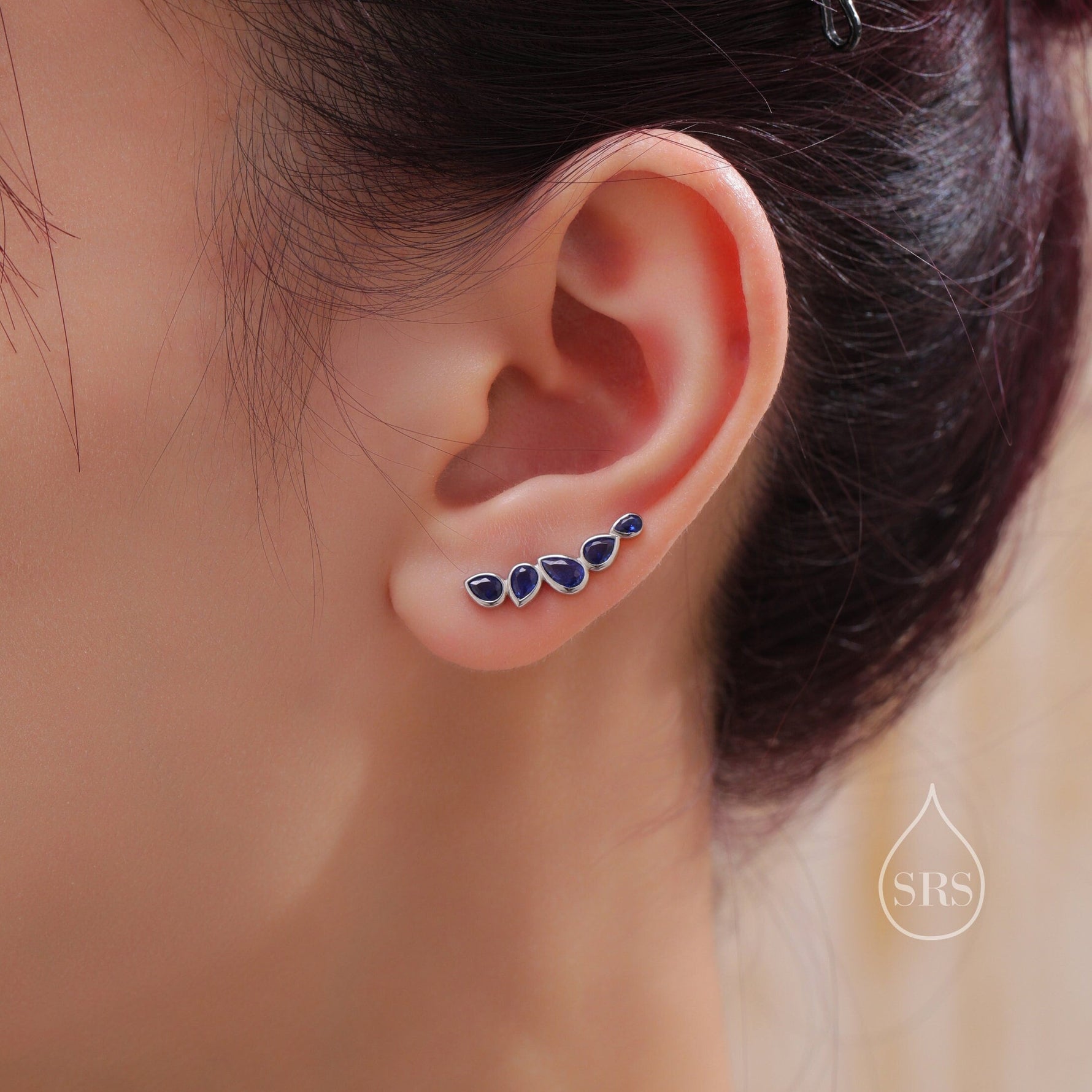 Sapphire Blue Droplet CZ Cluster Crawler Earrings in Sterling Silver, Silver or Gold, Pear CZ Cluster Crawler, Cluster Earrings