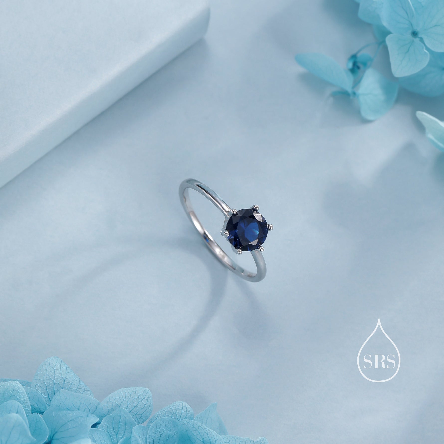 1 Carat Sapphire Blue CZ Ring in Sterling Silver, 6mm Blue Zircon Ring, US Size 5-8, Six Prong Ring, September Birthstone