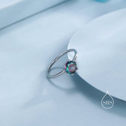 1 Carat Mystic Black CZ Ring in Sterling Silver, 6mm Mystic Topaz CZ Ring, US Size 5-8, Six Prong Ring, Colour Changing Black Crystal Ring