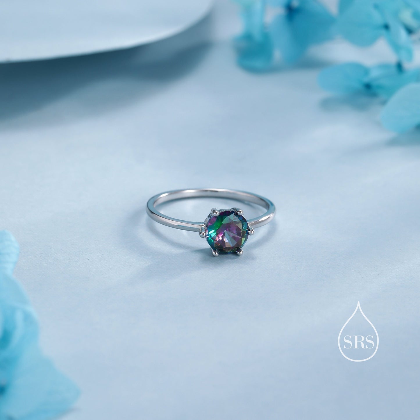 1 Carat Mystic Black CZ Ring in Sterling Silver, 6mm Mystic Topaz CZ Ring, US Size 5-8, Six Prong Ring, Colour Changing Black Crystal Ring