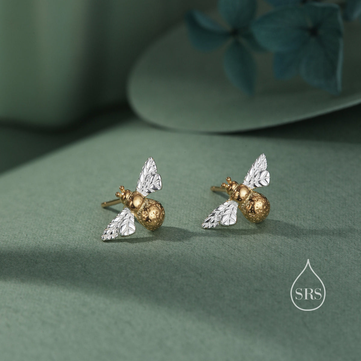 Sterling Silver Bumble Bee Stud Earrings, Partial Gold Coating, in Sterling Silver, Two Tone Bee Earrings, Nature Inspired, Honey Bee Stud