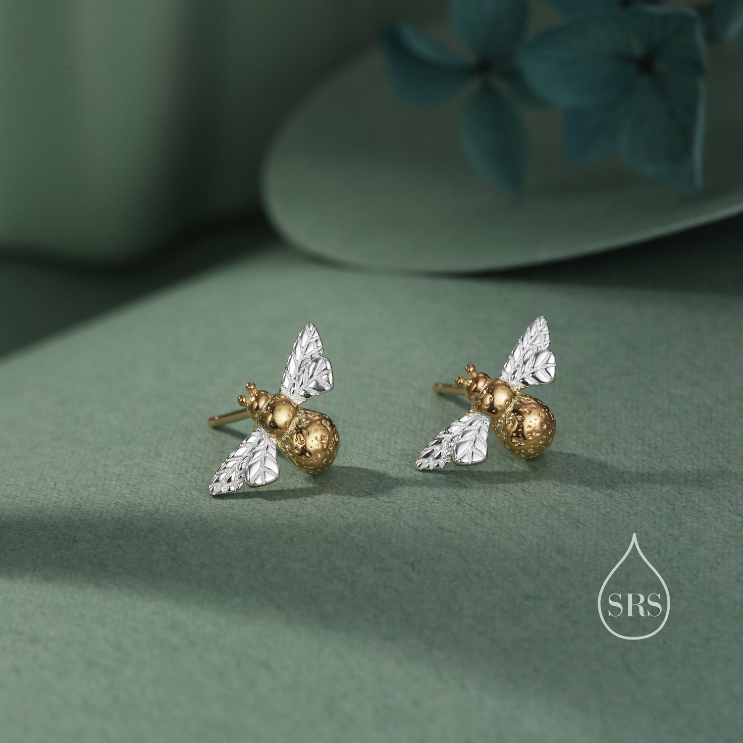 Sterling Silver Bumble Bee Stud Earrings, Partial Gold Coating, in Sterling Silver, Two Tone Bee Earrings, Nature Inspired, Honey Bee Stud