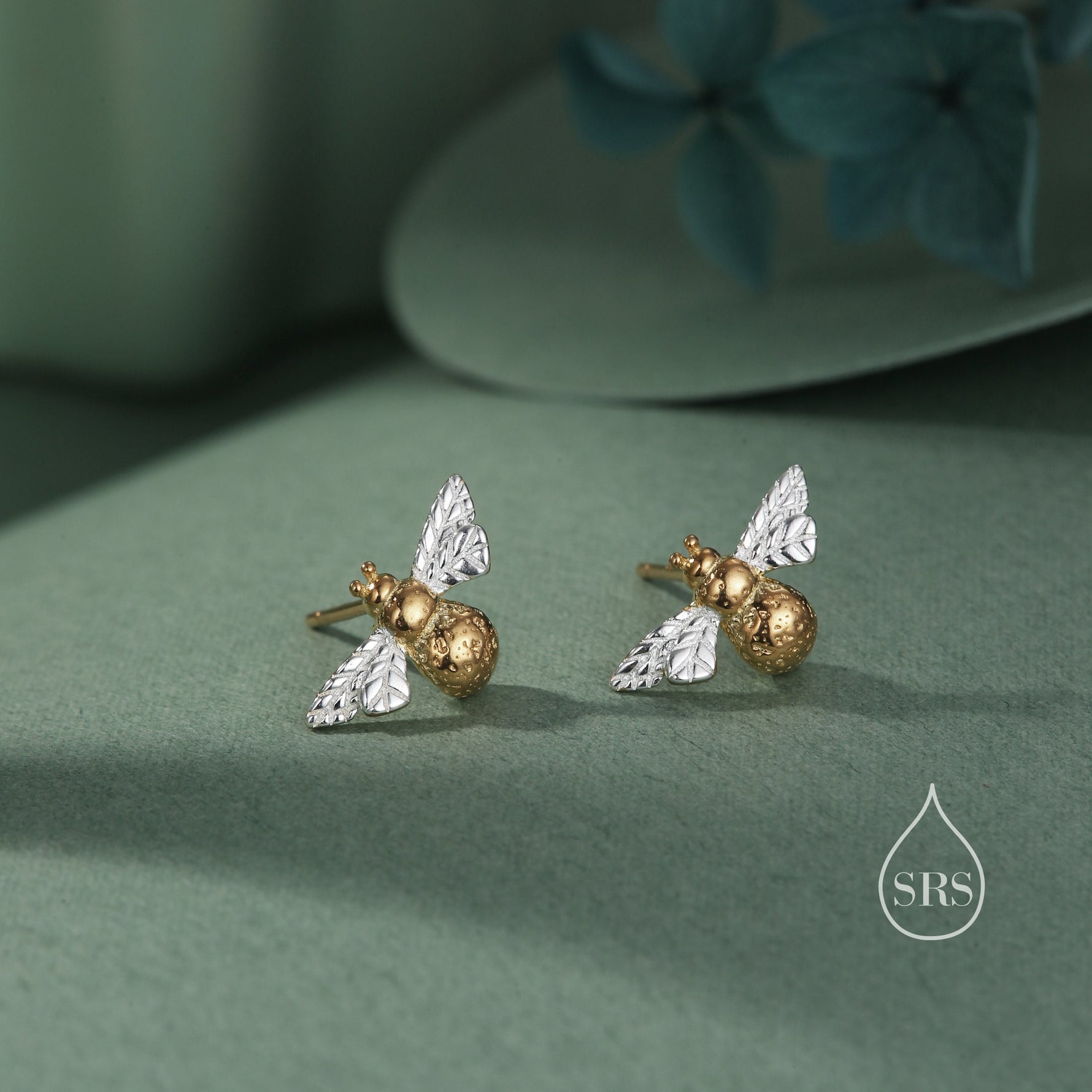 Sterling Silver Bumble Bee Stud Earrings, Partial Gold Coating, in Sterling Silver, Two Tone Bee Earrings, Nature Inspired, Honey Bee Stud