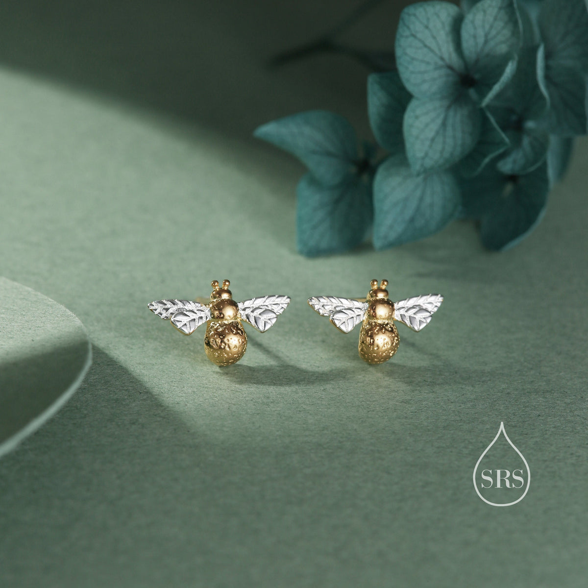 Sterling Silver Bumble Bee Stud Earrings, Partial Gold Coating, in Sterling Silver, Two Tone Bee Earrings, Nature Inspired, Honey Bee Stud
