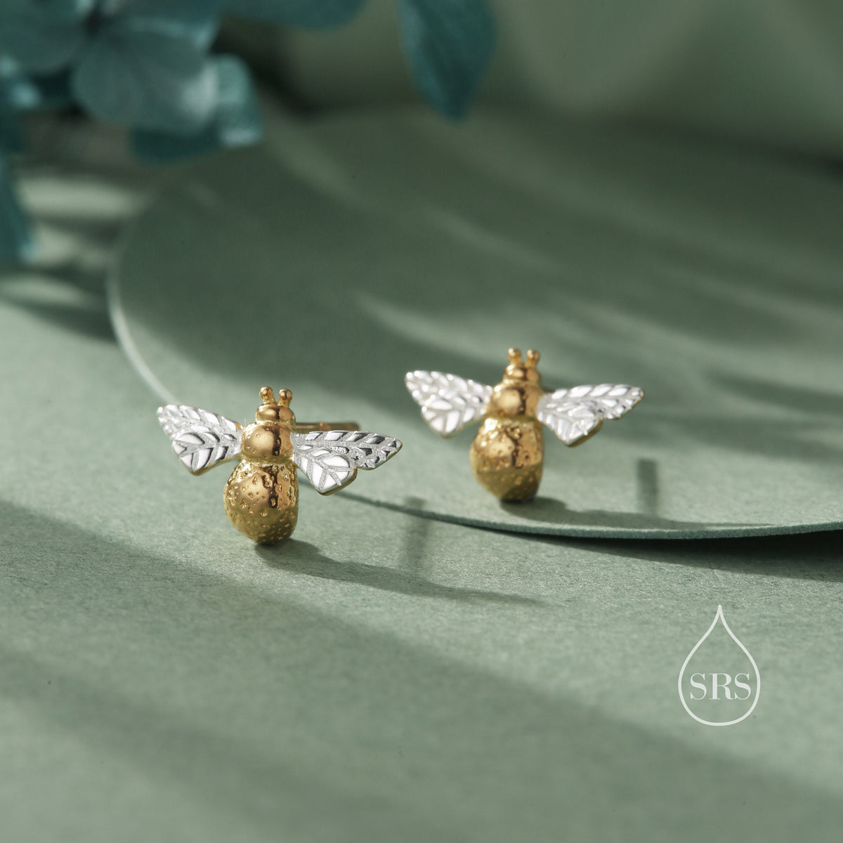 Sterling Silver Bumble Bee Stud Earrings, Partial Gold Coating, in Sterling Silver, Two Tone Bee Earrings, Nature Inspired, Honey Bee Stud