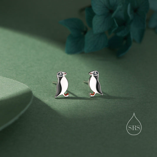 Enamel Puffin Bird Stud Earrings in Sterling Silver -  Puffin Earrings - Cute, Fun, Whimsical and Pretty Jewellery