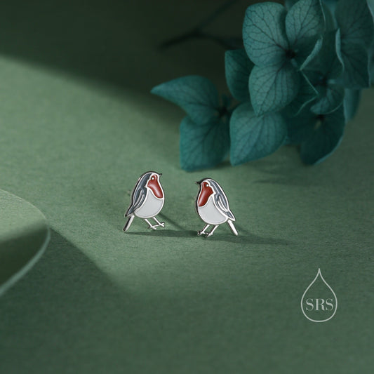 Sterling Silver Enamel Robin Bird Stud Earrings, Silver or Gold, Rose gold, 2D British Bird Earrings, Nature Inspired Bird Earrings