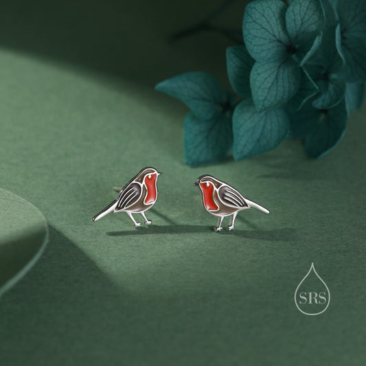 Enamel Robin Bird Stud Earrings in Sterling Silver, Silver or Gold, 2D British Bird Earrings, Nature Inspired Bird Earrings