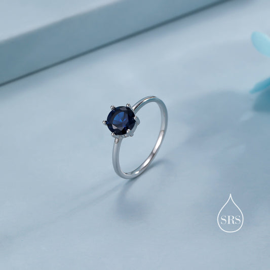 1 Carat Sapphire Blue CZ Ring in Sterling Silver, 6mm Blue Zircon Ring, US Size 5-8, Six Prong Ring, September Birthstone