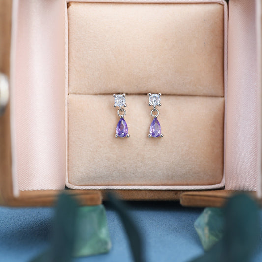 Tiny Amethyst Purple CZ Dangle Stud Earrings in Sterling Silver with Round and Droplet CZ, Silver or Gold, Two CZ Prong Set Earrings