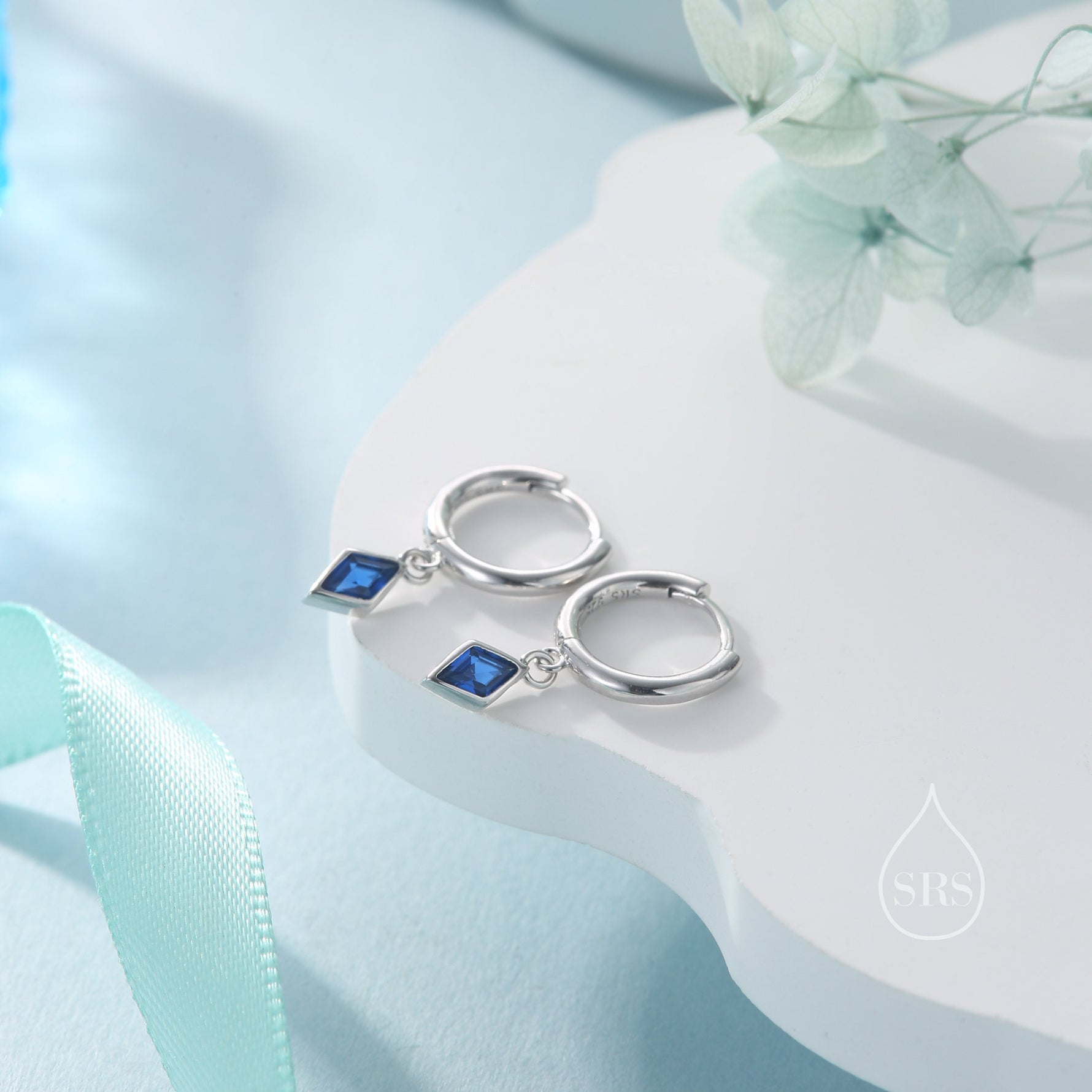 Very Tiny Rhombus Sapphire Blue CZ Huggie Hoop in Sterling Silver, Silver or Gold, Minimalist Simple Kite Shape CZ Hoop Earrings