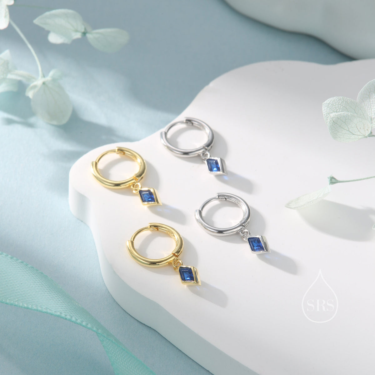 Very Tiny Rhombus Sapphire Blue CZ Huggie Hoop in Sterling Silver, Silver or Gold, Minimalist Simple Kite Shape CZ Hoop Earrings