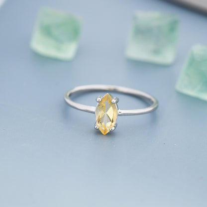 Genuine Yellow Citrine Ring in Sterling Silver, Natural Marquise Cut Citrine Stone Ring, Stacking Rings, US 5-8