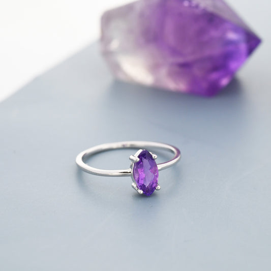 Genuine Amethyst Ring in Sterling Silver, Natural Marquise Cut Amethyst Stone Ring, Stacking Rings, US 5-8