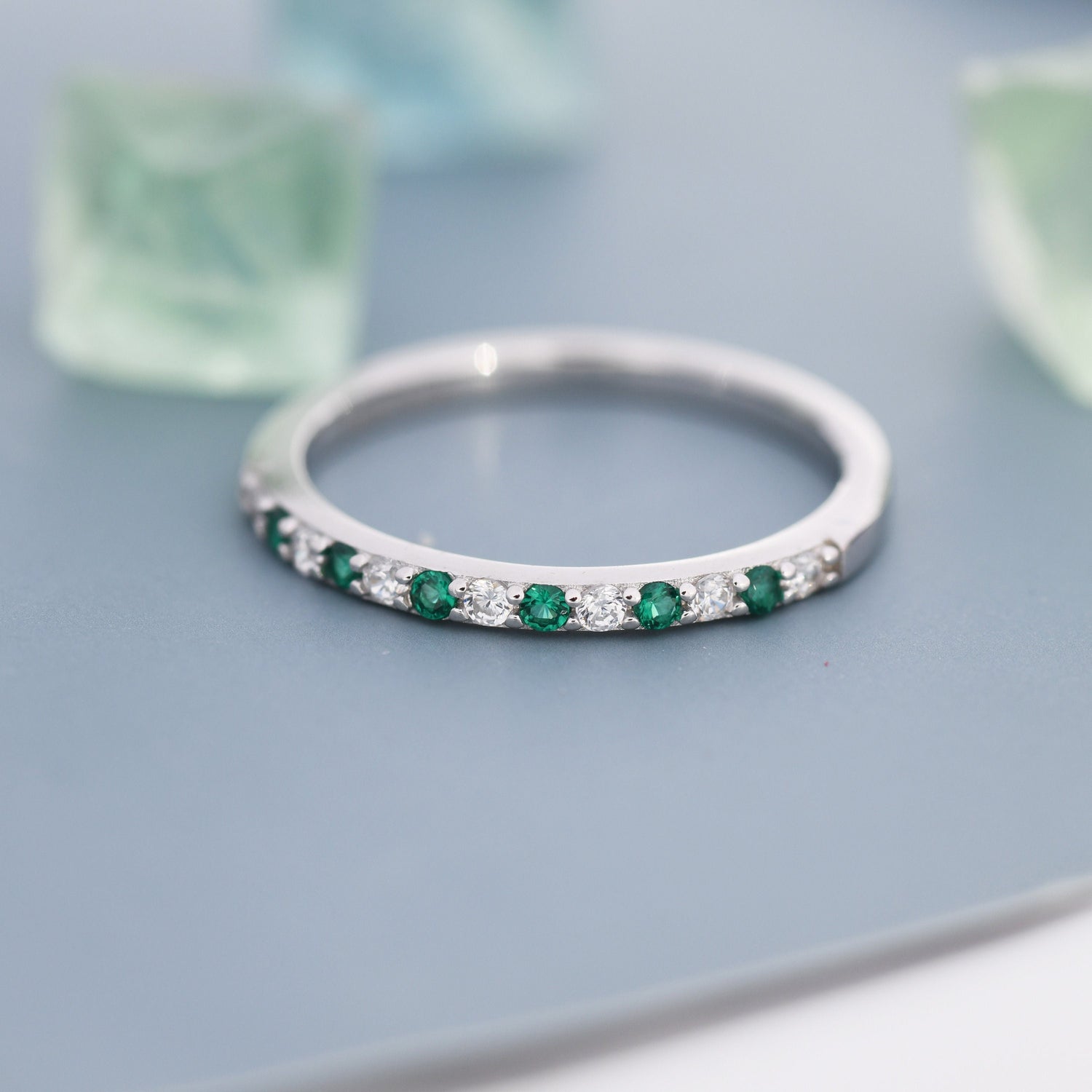 Emerald Green and Clear CZ Half Eternity Ring in Sterling Silver, Silver or Gold, Green Emerald CZ Skinny Ring, Stacking Ring US 5 - 8