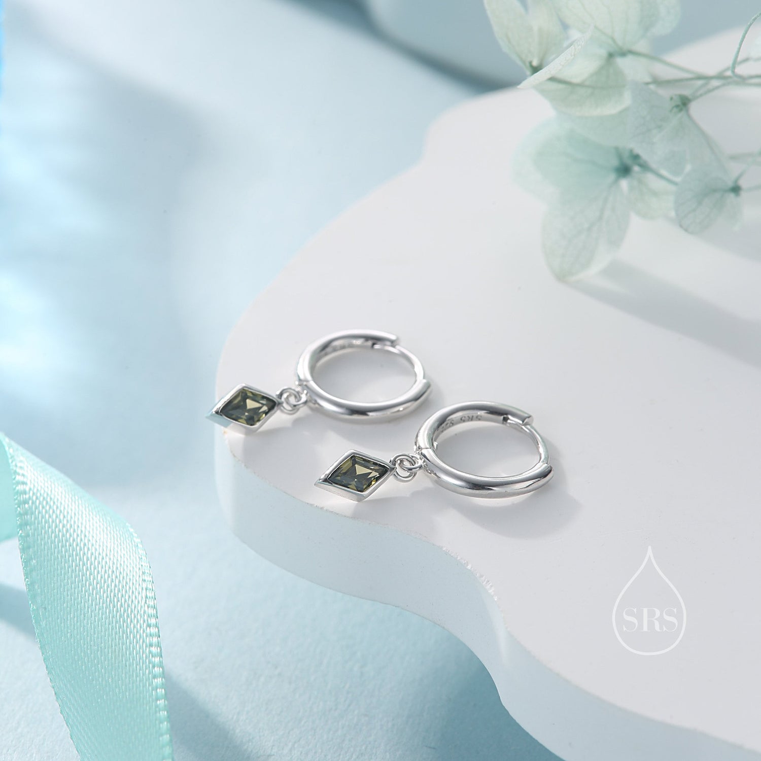 Very Tiny Rhombus Olive Green CZ Huggie Hoop in Sterling Silver, Silver or Gold, Minimalist Simple Kite Shape CZ Hoop Earrings