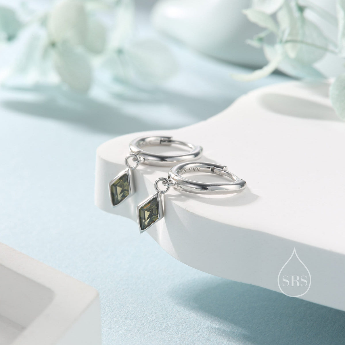 Very Tiny Rhombus Olive Green CZ Huggie Hoop in Sterling Silver, Silver or Gold, Minimalist Simple Kite Shape CZ Hoop Earrings