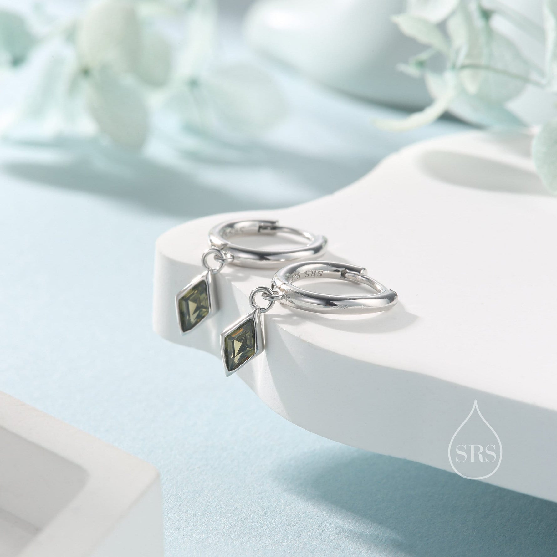 Very Tiny Rhombus Olive Green CZ Huggie Hoop in Sterling Silver, Silver or Gold, Minimalist Simple Kite Shape CZ Hoop Earrings